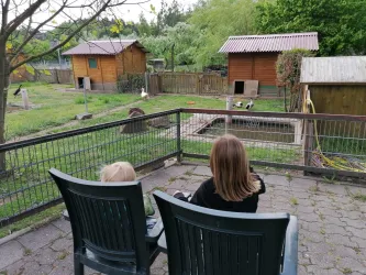 Zwei Personen sitzen auf einem Balkon und schauen auf einen Tiergehege mit Holzunterkünften. Im Hintergrund sind verschiedene Tiere zu sehen.