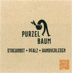 Ein modernes Logo mit dem Schriftzug "PURZEL BAUM". Es zeigt eine stilisierte Figur, die mit einem Blatt und einer Apfelähnlichen Form dargestellt ist.