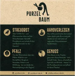 Ein informatives Plakat über Purzelbaum Cider. Es beschreibt Streuobstwiesen, handverlesene Obstsorten und regionale Besonderheiten aus der Pfalz.