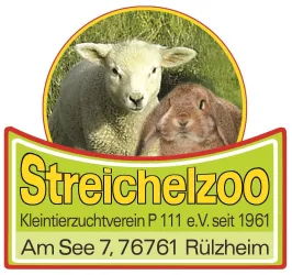 Ein Schaf und ein Kaninchen in einem Logo für einen Streichelzoo. Der Text enthält Informationen über den Verein und seinen Standort in Rülzheim.