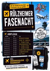 Ein plakativer Flugreise-Hinweis für die Rülzheimer Fasenacht. Es zeigt Abflugzeiten und Reiseziele für verschiedene Karnevalsveranstaltungen.
