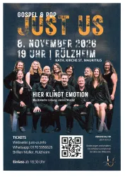 Ein Plakat für ein Konzert "Just Us" mit Informationen zu Datum, Uhrzeit und Ort. Es zeigt eine Gruppe von Sängern auf einer Bühne, die Musik aus den Genres Gospel und Pop präsentieren.