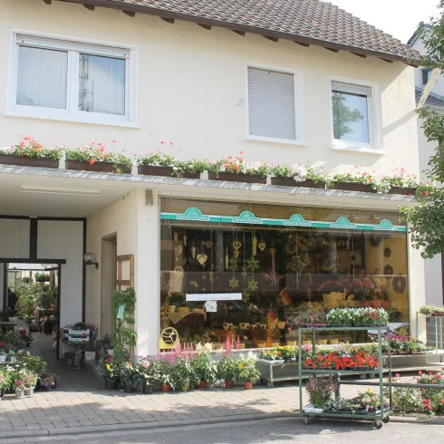 Ein Blumenladen mit bunten Pflanzen und Blumen im Schaufenster. Das Gebäude hat einen gemütlichen Eingang und ist von Blumenkästen umgeben.
