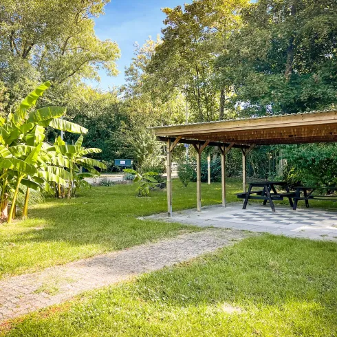 Ein grüner Garten mit einem überdachten Pavillon und einer Holzbank. Im Hintergrund sind große Pflanzen und Bäume sichtbar.